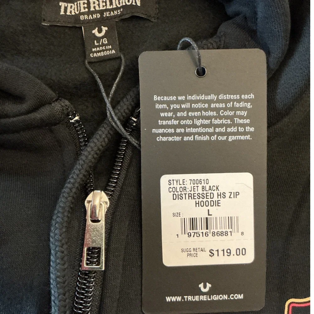 True Religion Distressed HS Zip Hoodie Jet Black Size Large New With Tags